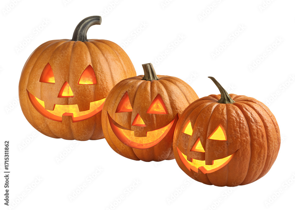 Fototapeta premium Three Glowing Jack O Lanterns Arranged Together on Transparent Background