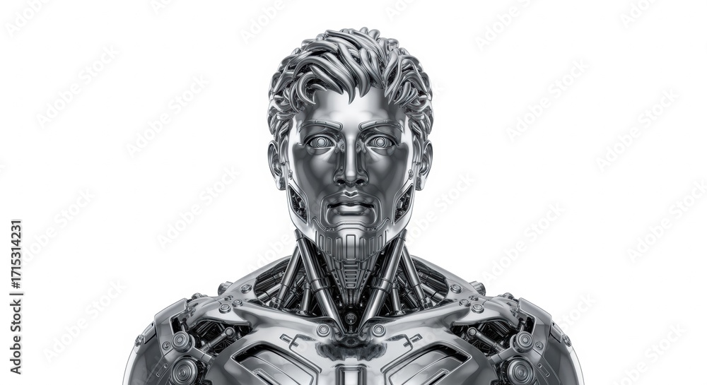 Fototapeta premium Futuristic Chrome Android Man Isolated on White
