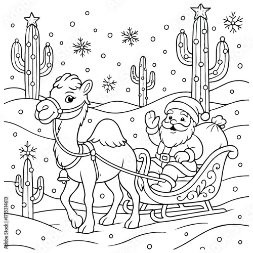 Camel Pulling Sleigh Through Snowy Desert Coloring Page