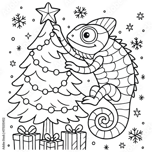 Chameleon Decorating Christmas Tree Coloring Page