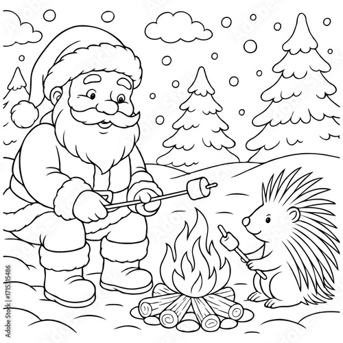Christmas Campfire – Santa and Porcupine Coloring Design