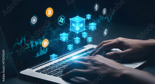 Hands typing on a laptop, engaging with a futuristic interface showing a decentralized blockchain network and digital currency data