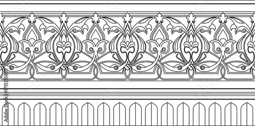 Detailed black-and-white line drawing of a decorative border. The top section features an intricate, repeating arabesque pattern with elaborate floral and leaf motifs.