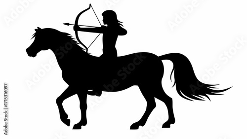 Powerful silhouette of equestrian archer riding horse with bow and arrow, striking tribal warrior