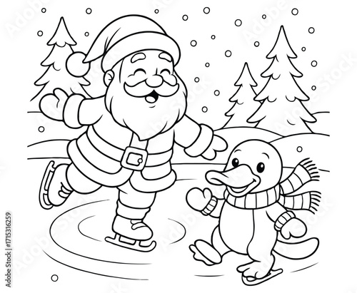 Christmas Coloring Page – Santa and Platypus Skating