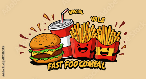 Fast food meal with burger, fries, and drink