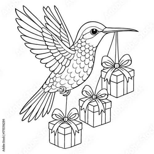 Christmas Coloring Page – Hummingbird with Shiny Ribbon Gifts
