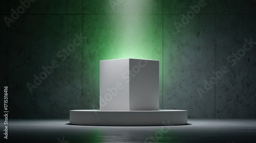White Square Box on Riser with Green Spotlight.