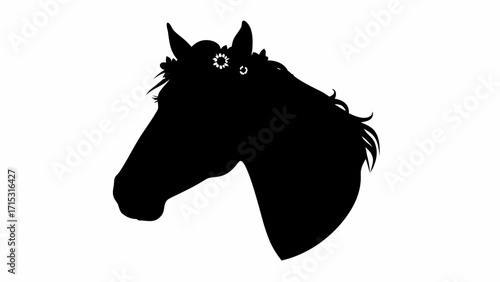 Elegant black horse silhouette with flower crown for equestrian designs and springtime projects