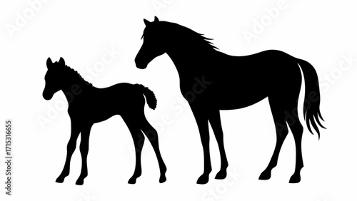 Elegant silhouette of a mare and foal, a symbol of motherhood and wild beauty with graphic appeal