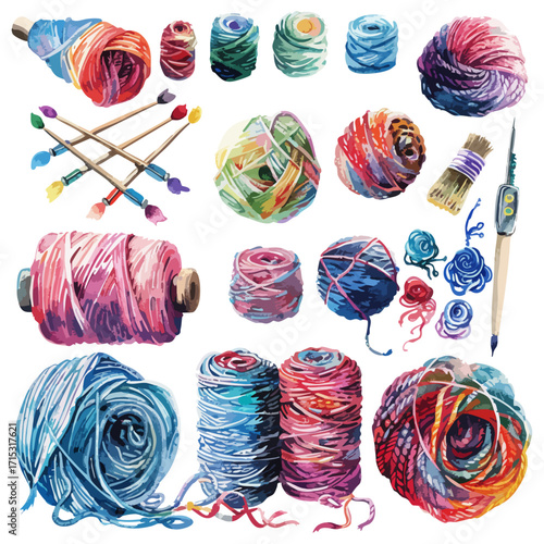 Isolated Watercolor Vector Illustration Of Colorful Yarn Balls And Brushes