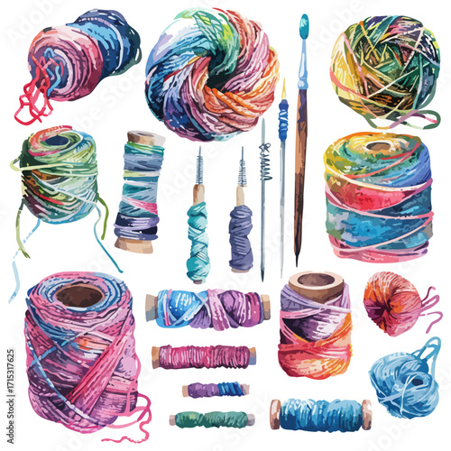 Isolated Watercolor Vector Illustration Of Colorful Yarn Balls And Spools In Various Shades And Textures set