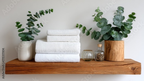 White Towels and Eucalyptus on Wooden Shelves.