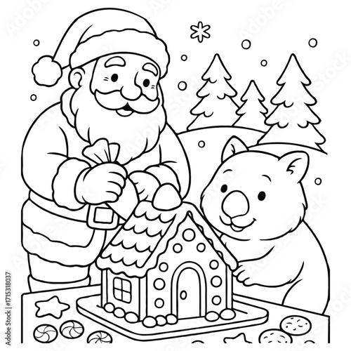 Santa and Wombat Building Gingerbread House Coloring Page