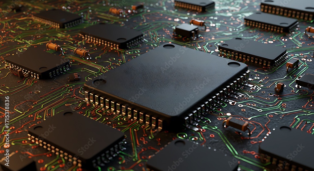 Obraz premium Intricate Microchip Array - Close-Up of Advanced Semiconductor Technology.
