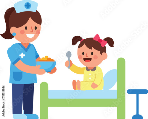 Nurse feeds young girl in hospital bed with spoon, offering care and comfort during recovery, showing kindness and support.