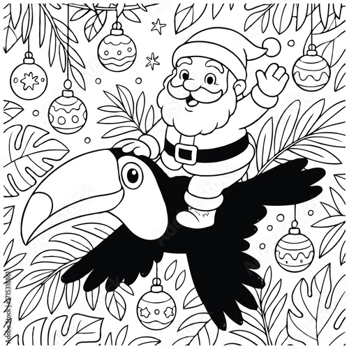 Santa Flying on Toucan Through Jungle Coloring Page
