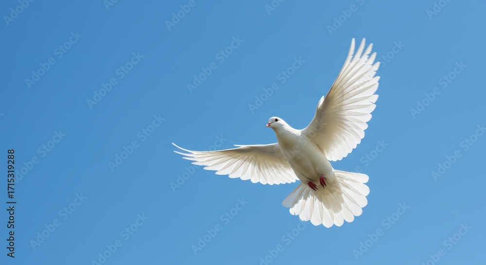 Fototapeta premium Dove in Flight Against Blue Sky: A pristine white dove soars through the expanse of a bright blue sky, its wings gracefully spread, symbolizing peace and freedom in the boundless atmosphere.