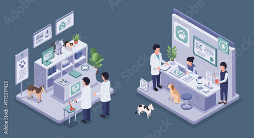 Veterinary clinic interior with pets and staff