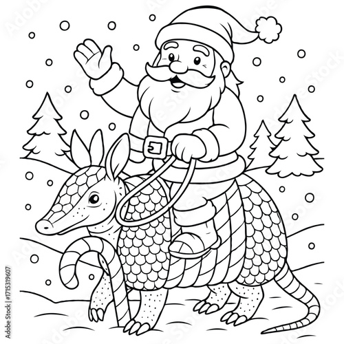 Santa Riding Armadillo with Candy Cane Saddle in Snow