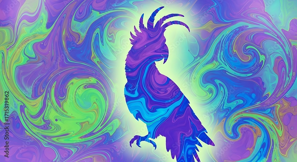 Obraz premium Psychedelic cockatoo silhouette against a swirling vibrant colorful fluid art background