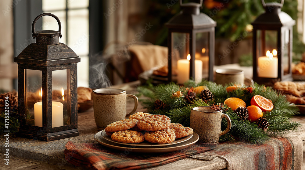 Fototapeta premium Christmas Cookies, Candles, And Holiday Table