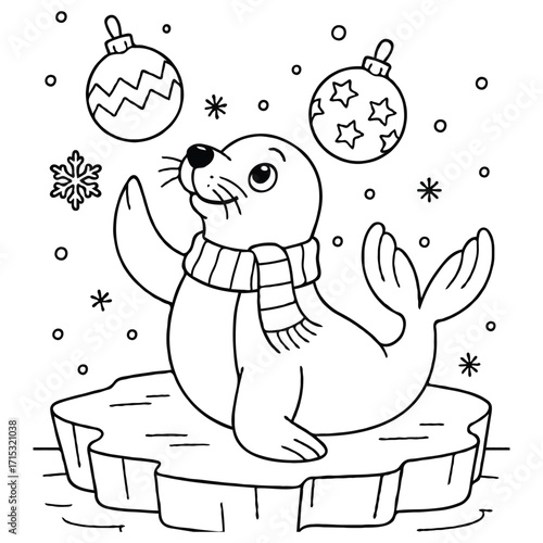 Seal Juggling Christmas Ornaments on Ice Coloring Page