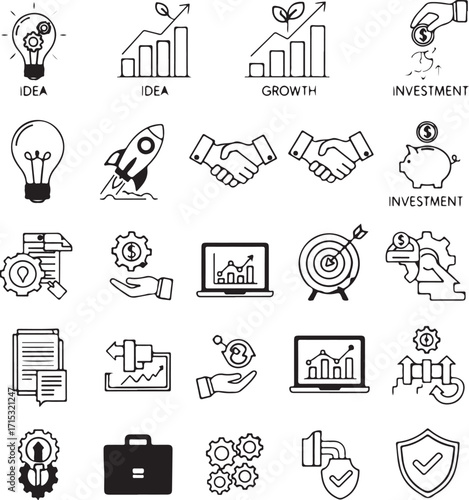 Business and finance icons with ideas, growth, and investment concepts Keywords: business, finance, icons