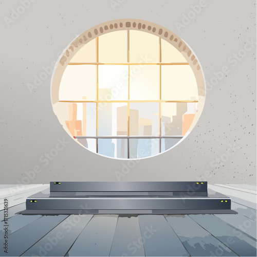 Minimal concrete podium in a modern loft interior, perfect for product display and mockup presentations. Clean geometric platform with soft lighting 