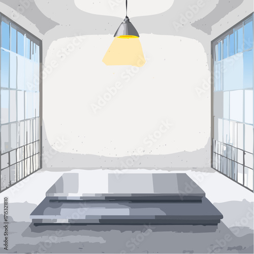 Minimal concrete podium in a modern loft interior, perfect for product display and mockup presentations. Clean geometric platform with soft lighting 