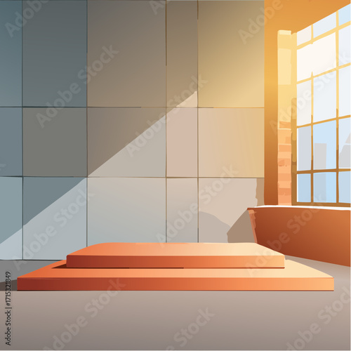 Minimal concrete podium in a modern loft interior, perfect for product display and mockup presentations. Clean geometric platform with soft lighting 