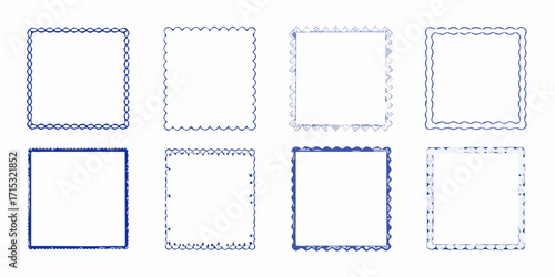 Collection of eight decorative blue square and rectangular borders with unique wavy and scalloped edges