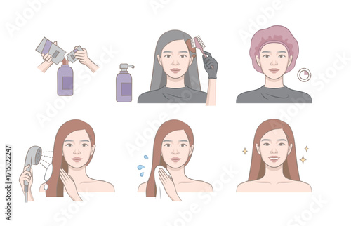 Asian woman hair dye tutorial with mixing, applying color, waiting, rinsing and shiny smooth hairstyle