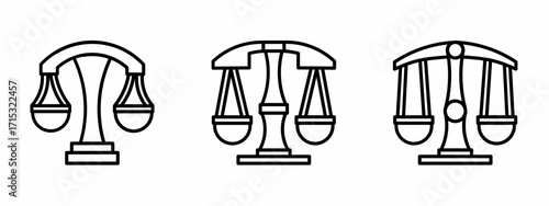 Stock vector. Scales of justice icons. Black scales icon set. Scales of justice elements. Collection of scales in shapes. Vector illustration.