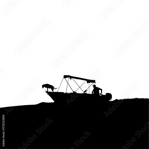 silhouette of fishermen and dogs
