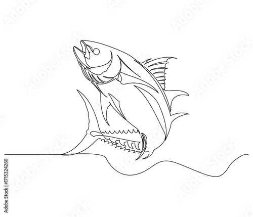 Continuous line drawing of a Blue Tuna Fin. Single line illustration of a Blue Tuna Fin. Illustration, World Tuna Day Concept. Editable outline