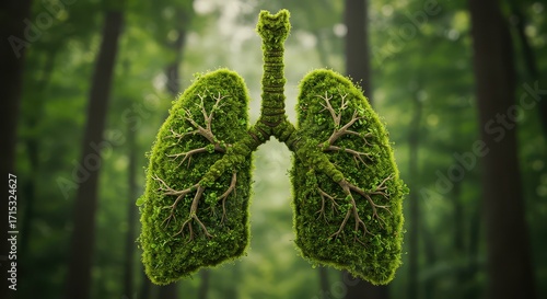 Lungs of Earth: An artistic rendering of lungs formed from vibrant green foliage and organic elements, nestled within a flourishing forest.