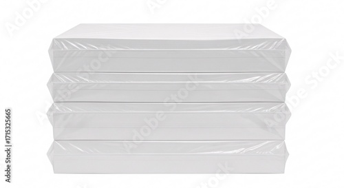 Neatly stacked reams of white copy paper shrink-wrapped for protection and storage