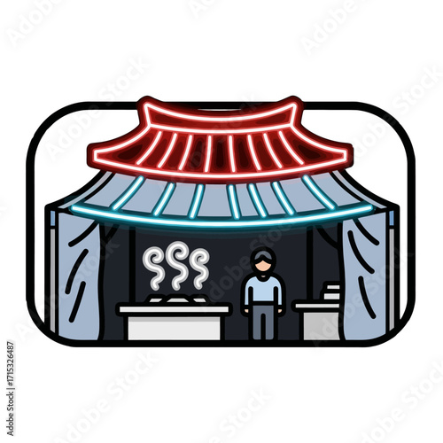 Stylized traditional asian food stall or market booth with red roof, blue awning, and neon lights, featuring vendor and steaming food