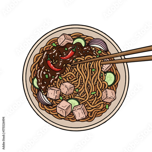 Topdown delicious bowl noodles with tofu cubes, red chili peppers, cucumber slices, and red onion, being picked up with chopsticks, representing asian cuisine