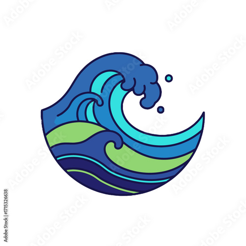Stylized powerful blue and green ocean wave curling and crashing, with water droplets