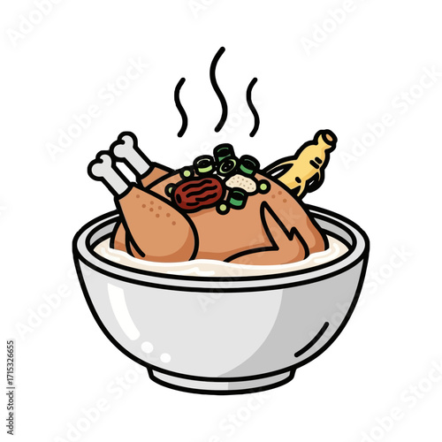Steaming bowl whole chicken soup with herbs and spices, featuring chicken legs and piece ginger
