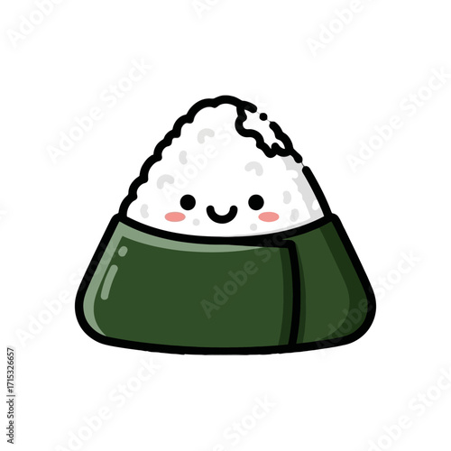 Cute cartoon onigiri with happy face, , representing japanese food and culture, perfect for culinary themes and kawaii