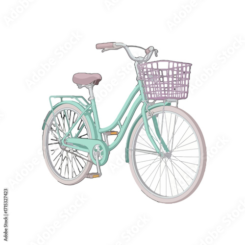 Vintagestyle mint green cruiser bicycle with purple basket on the handlebars and rear rack