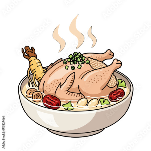 Steaming bowl korean chicken soup, likely samgyetang, with whole chicken, ginseng, jujubes, chestnuts, and herbs