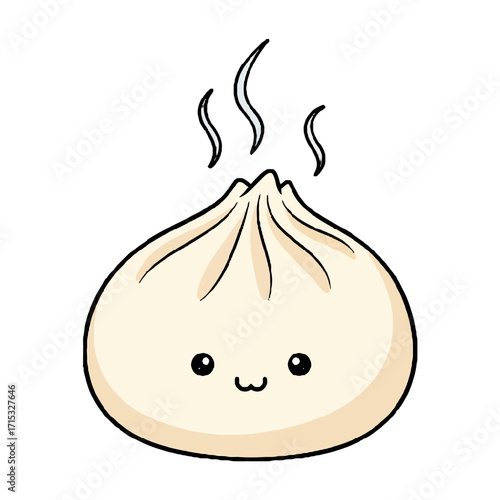Steaming cute kawaii cartoon bao bun with happy face, , representing delicious asian dumplings and comfort food, perfect for culinary themes