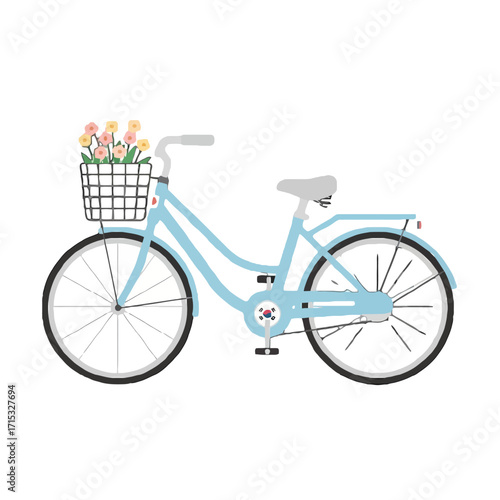 Light blue vintage bicycle with basket full colorful flowers, perfect for leisurely ride through the park or countryside