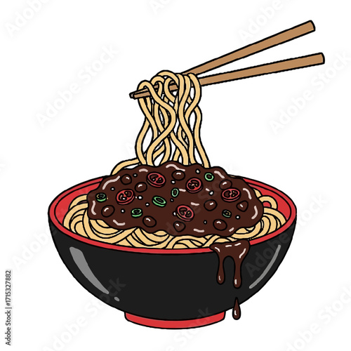 Delicious bowl noodles with meat sauce and chopsticks lifting noodles