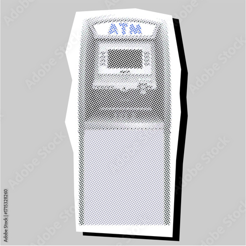 ATM machine halftone dotted collage element pointillize in paper torn vector. A unique design for finance, banking, and technology themes. Combines classic imagery with a modern, textured art style.