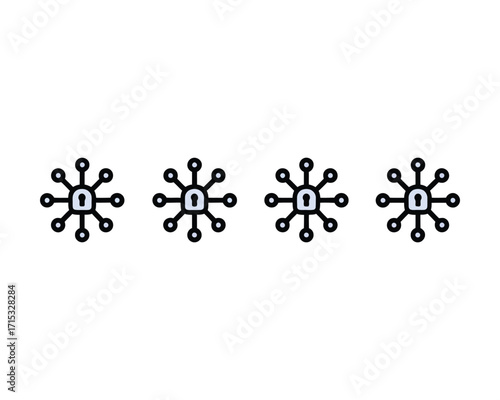 A vector illustration of four identical security key icons representing digital access, data encryption, and network protection
